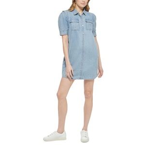 DKNY Puff-Sleeve Button-Front Cotton Denim Shirtdress  Blue Size Small